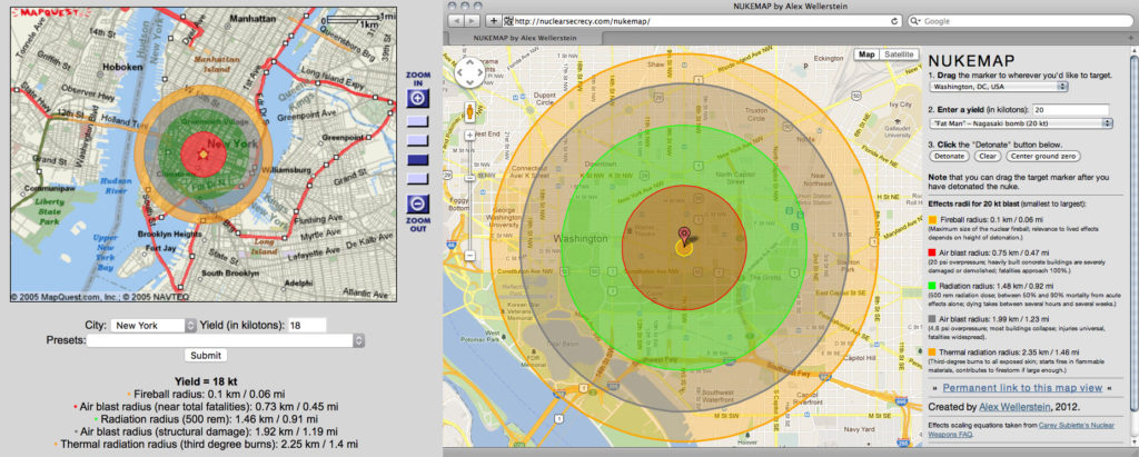 At left, the original NUKEMAP from 2005; at right, the Google Maps NUKEMAP from 2012.