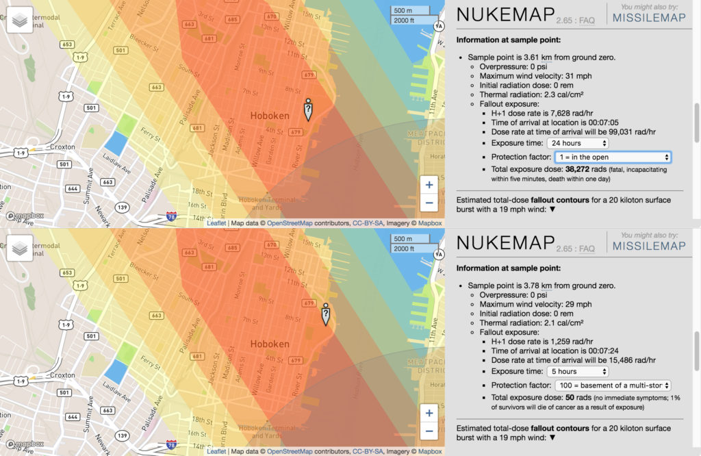 Demonstration of two cases of the NUKEMAP fallout dose exposure tool