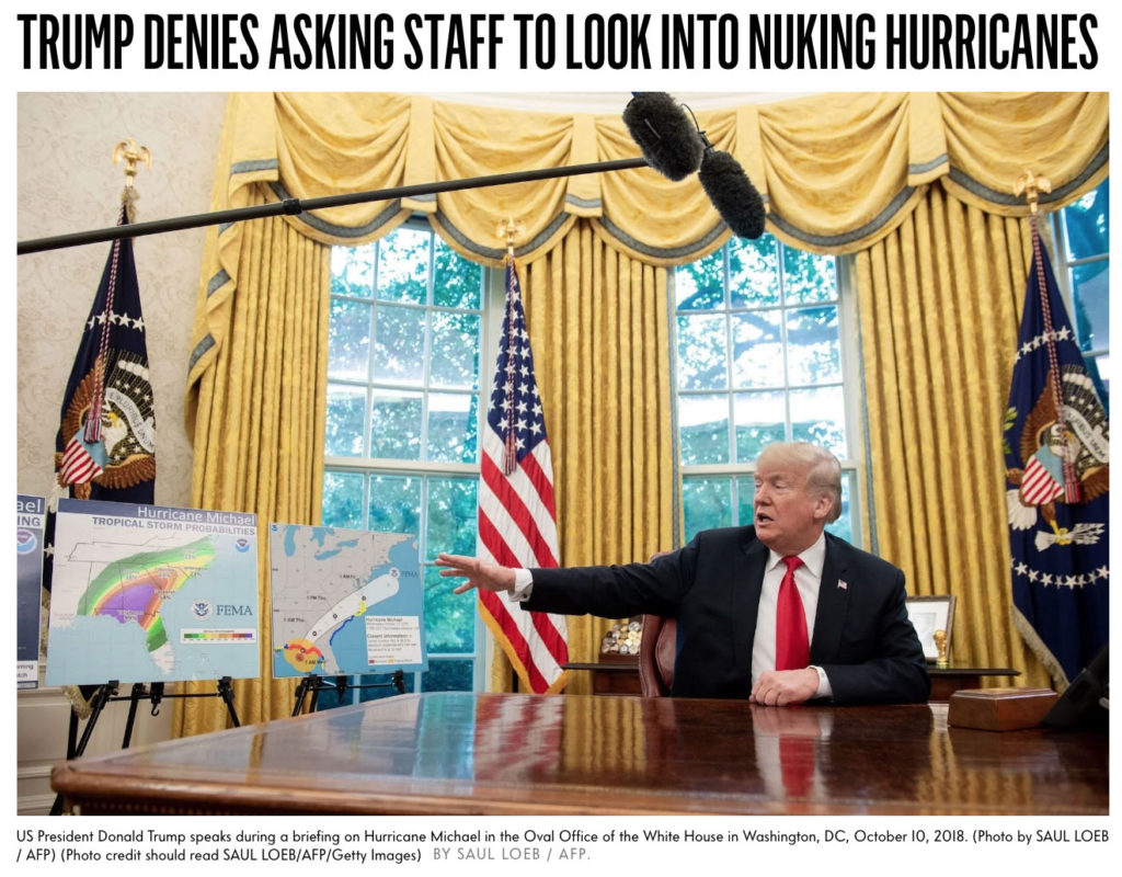 Screenshot of "Trump Denies Asking Staff to Look into Nuking Hurricanes" from Vanity Fair